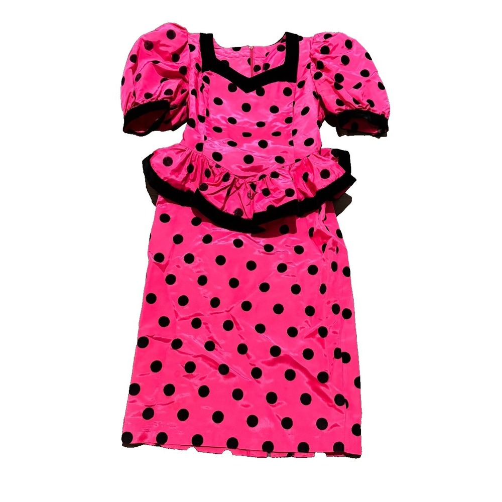 Vintage Leslie Lucks Dress Polka Dot  Kelly Bows Statement size 6 pink black